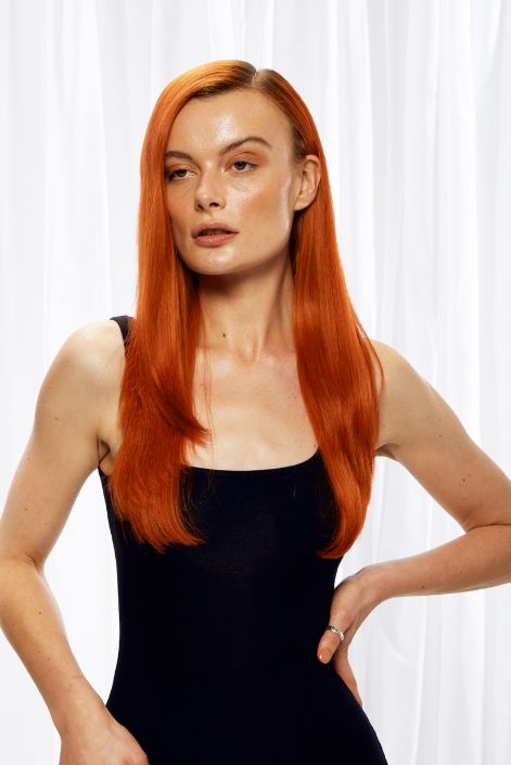 model after adding flaming ginger hair extensions