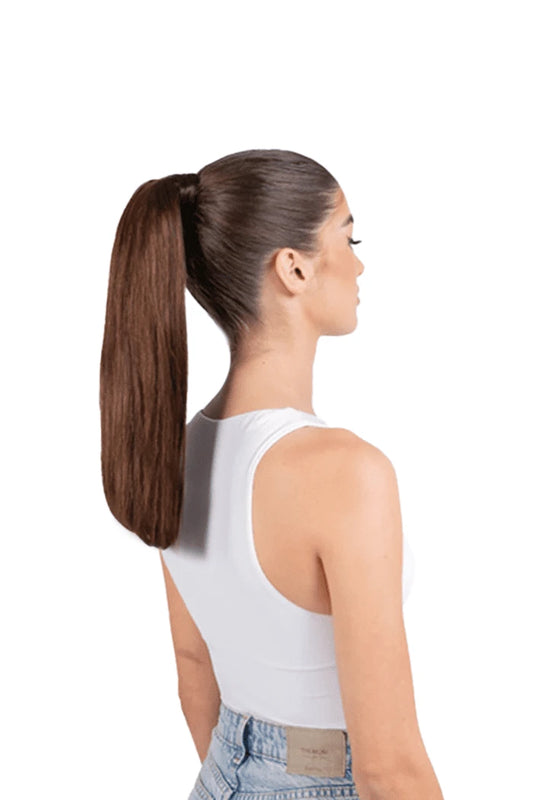 Model Using 14" Mini Straight Up Wrap Around Ponytail Extension