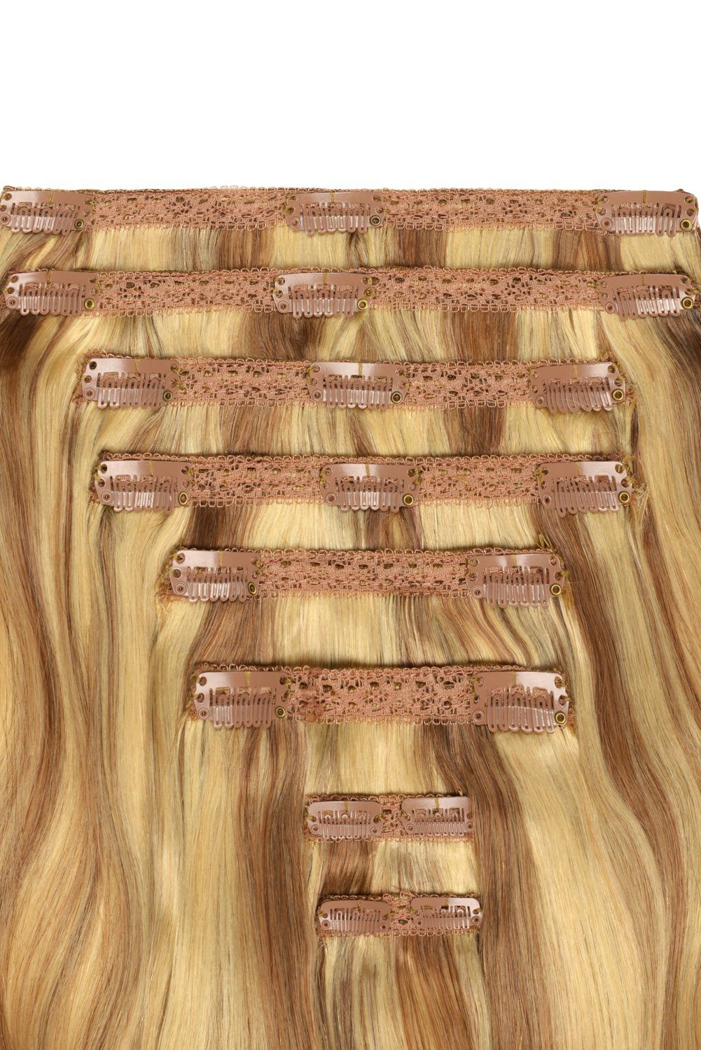 Double Wefted Full Head Remy Clip in Human Hair Extensions - Medium Golden Brown/Golden Blonde Mix (#10/16) Double wefted full head cliphair 